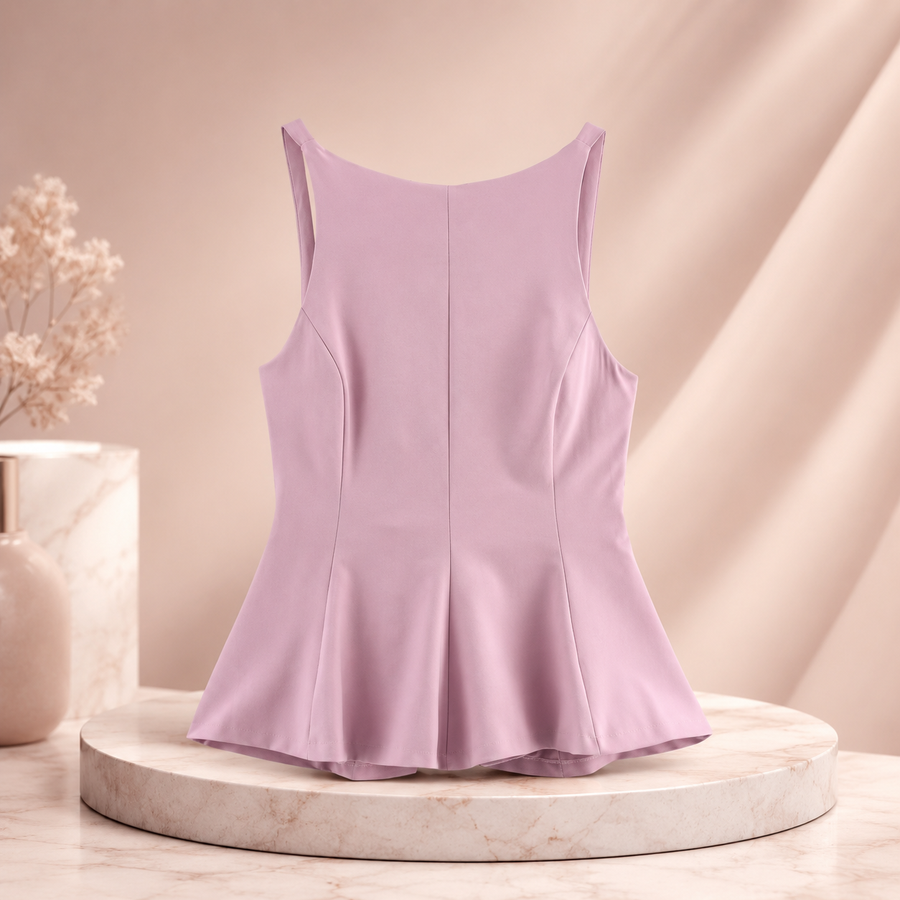 Top Péplum Femme Rose Poudré Sans Manches – Coupe Cintrée Élégante