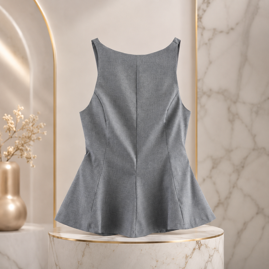 Top Péplum Gris Élégant – Coupe Cintrée Sans Manches