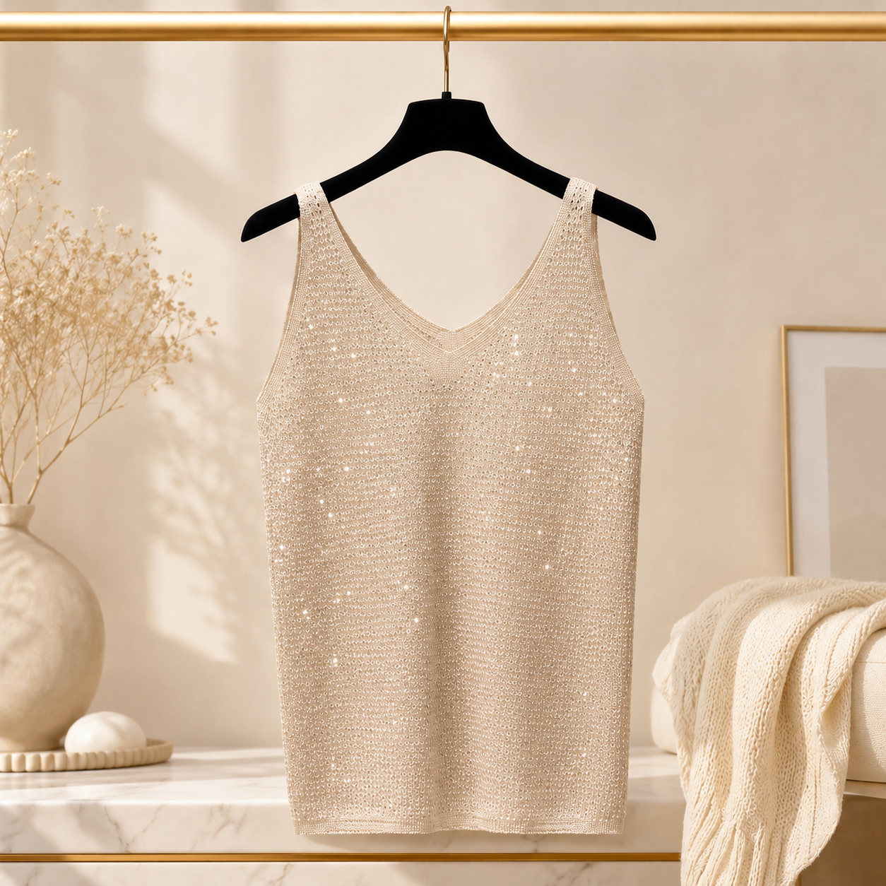 Top Scintillant à Col V Femme – Éclat Élégant