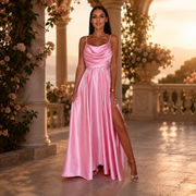 Robe Satin Rose Élégance – Fendue & Dos Nu à Bretelles