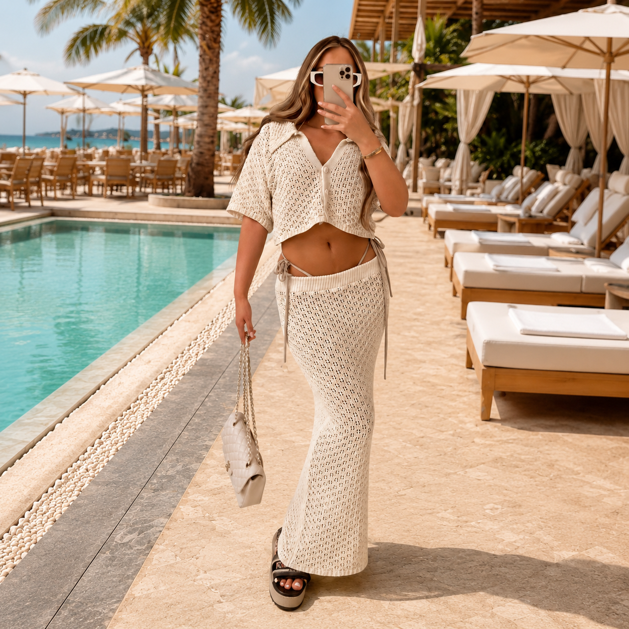 Ensemble Crochet Beige Femme – Top Court & Jupe Longue