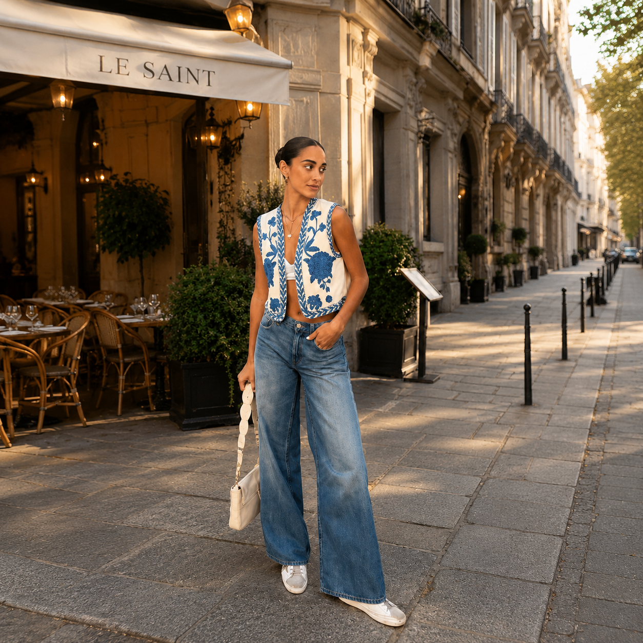Gilet sans manches brodé bleu & blanc — Élégance d’été