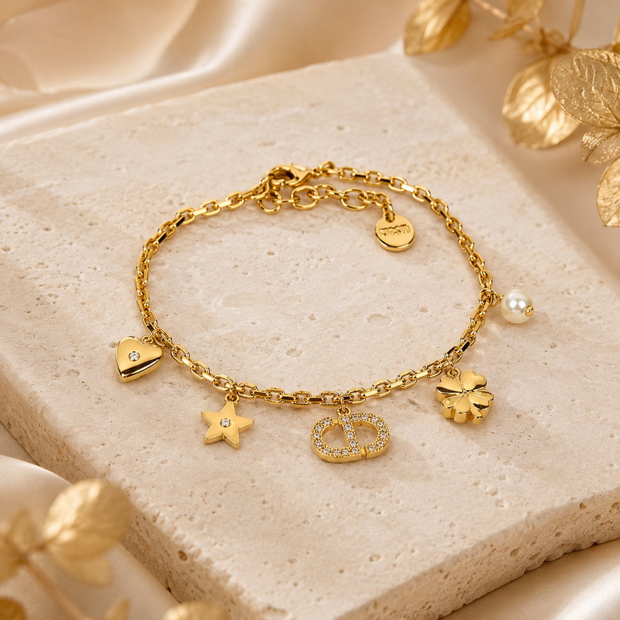 Bracelet Charms Cœur, Étoile & Fleur Doré