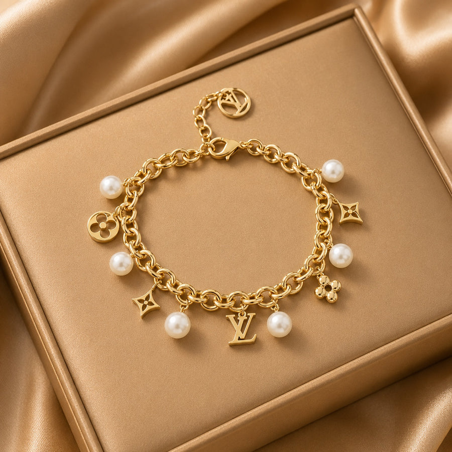Bracelet Maillons Dorés, Perles & Charms Floraux