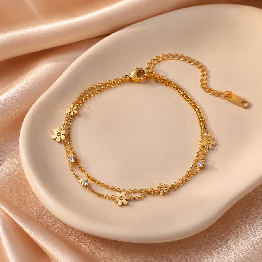 Bracelet Double Chaîne Marguerites Dorées