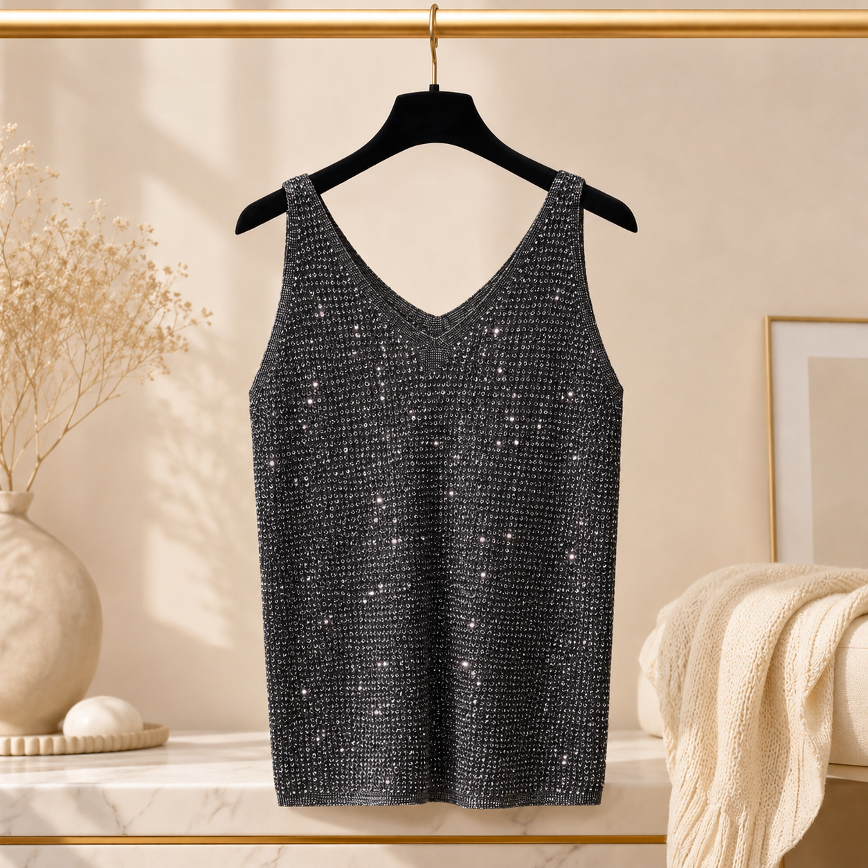 Top Scintillant à Col V Femme – Éclat Élégant